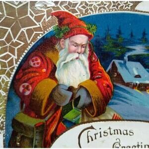 Santa Claus Christmas Postcard Germany Gel Gold Trim Vintage Original Old World